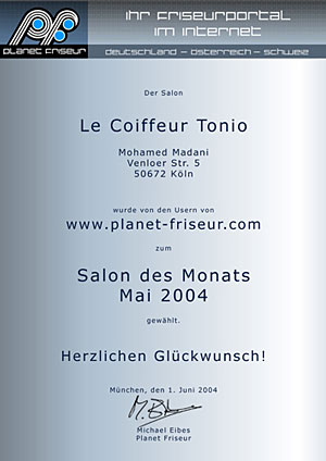 Urkunde Planet Friseur zum Salon des Monats